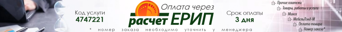 ЕРИП. Код услуги 4747221. Срок оплаты 3 дня. Путь оплаты: Прочие платежи - Товары, работы и услуги - Минск - МебельЛэнд-М - Оплата товара - Номер заказа